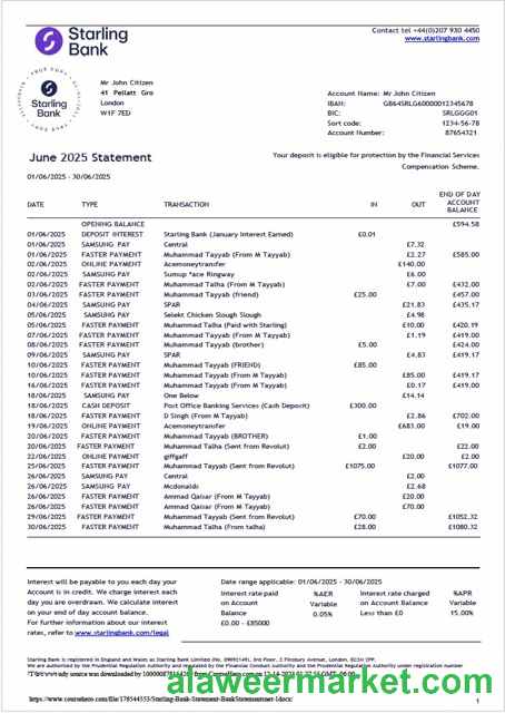 UK Starling Bank statement Word and PDF template
